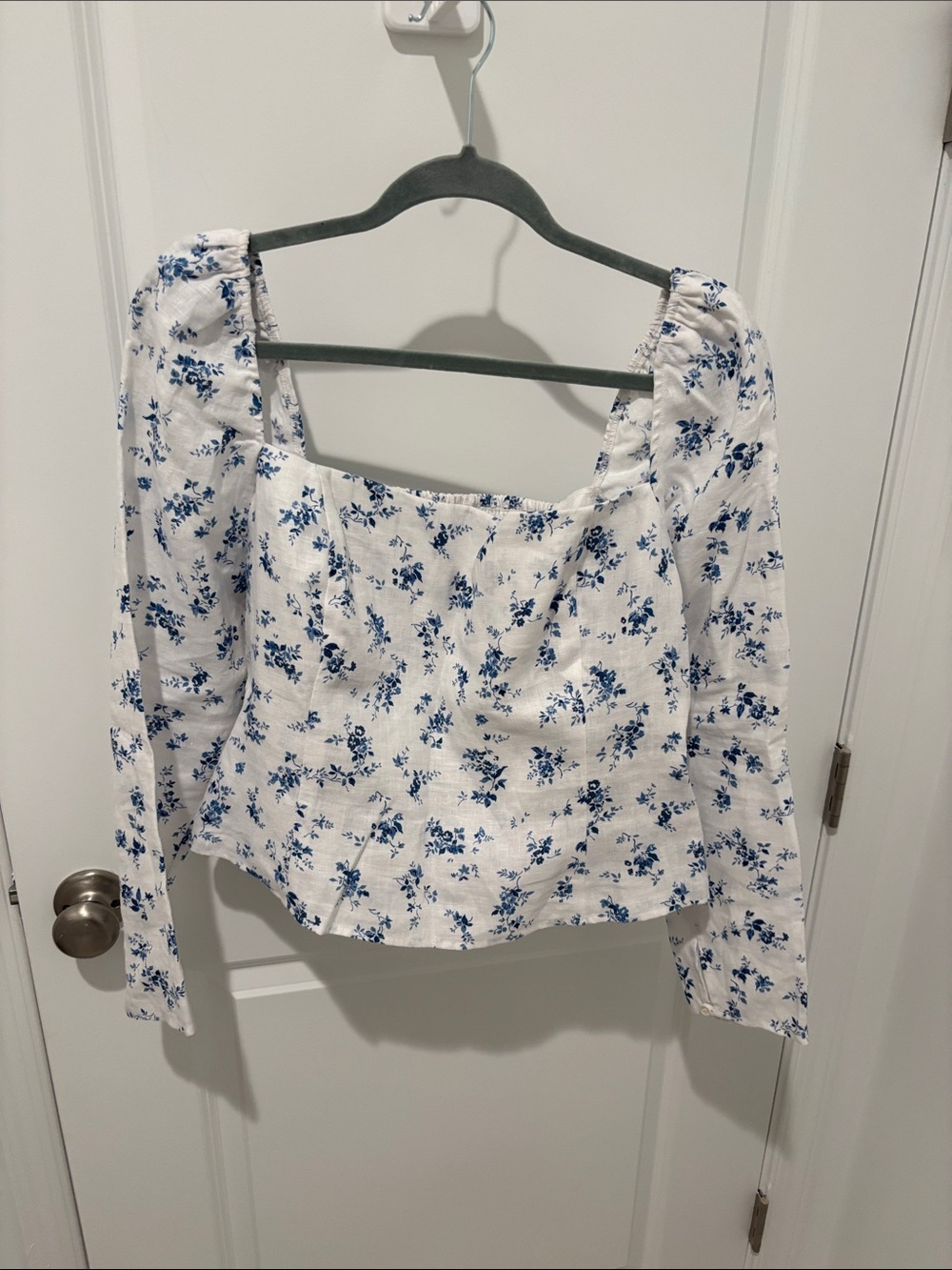 Reformation White Floral Square-Neck Long Sleeve Top